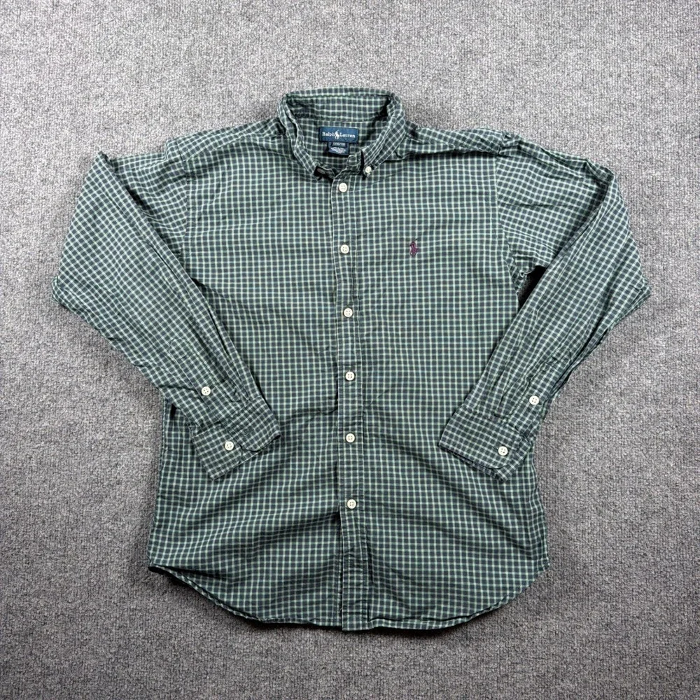 Ralph Lauren Button Down Shirt Kids L 16/18 Green Plaid Long Sleeve Preppy